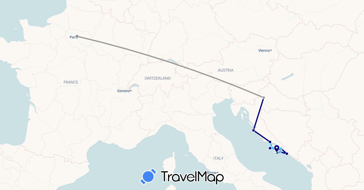 TravelMap itinerary: driving, plane, boat in France, Croatia (Europe)